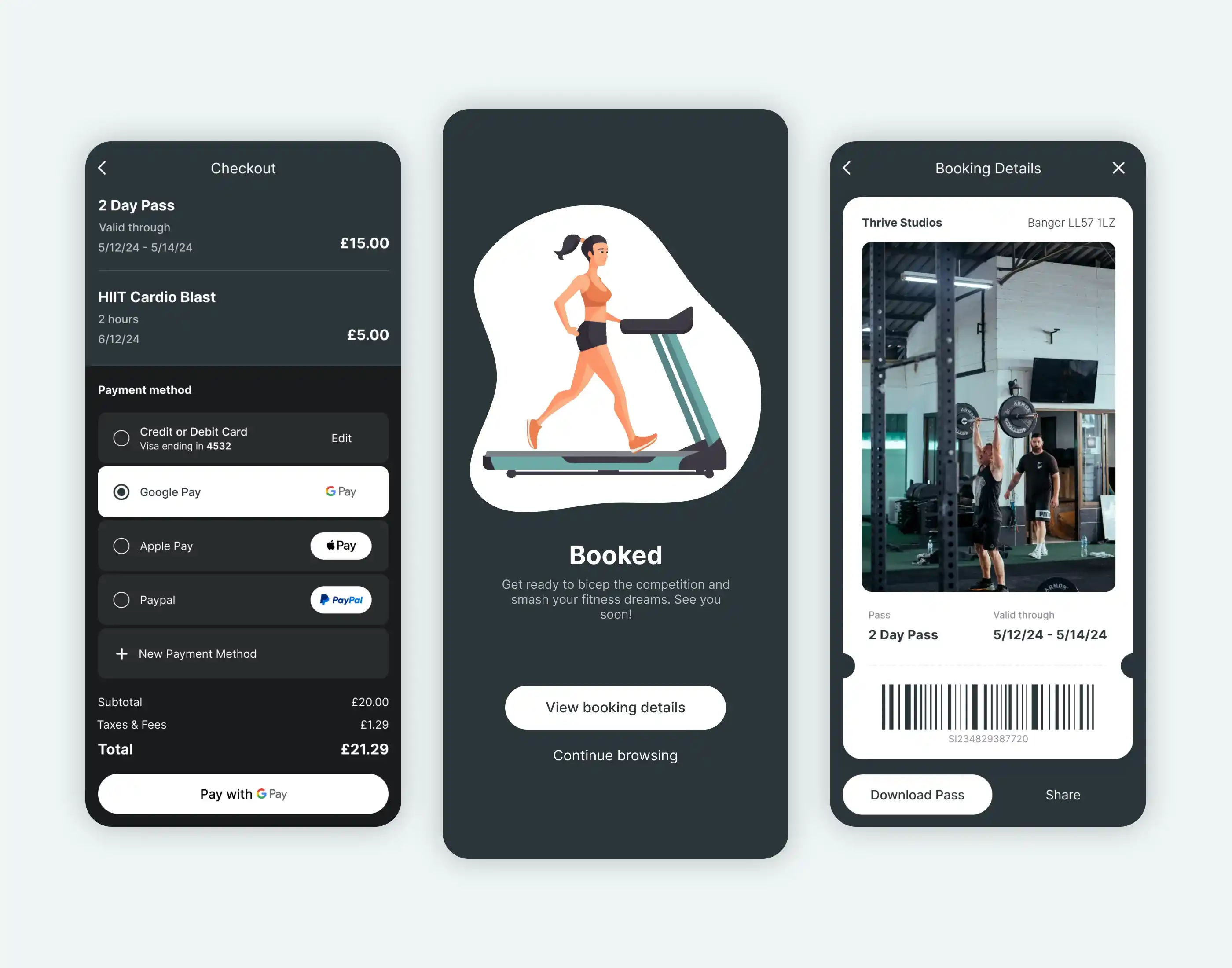 Mobile Checkout Flow for Thrive Studios Gym. Motion Design - UI/UX Design Challenge